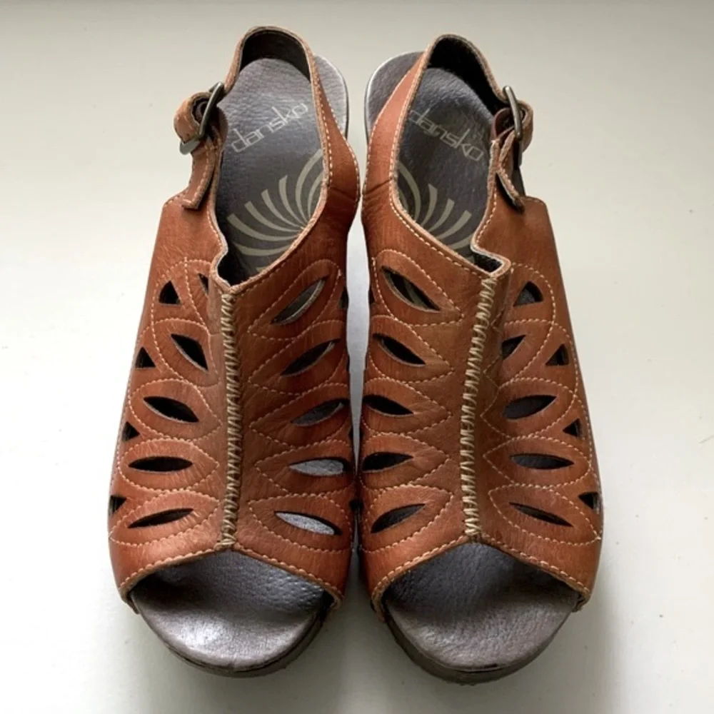 Dansko Laser Cutout Leather Block Heel Platform Sandals
